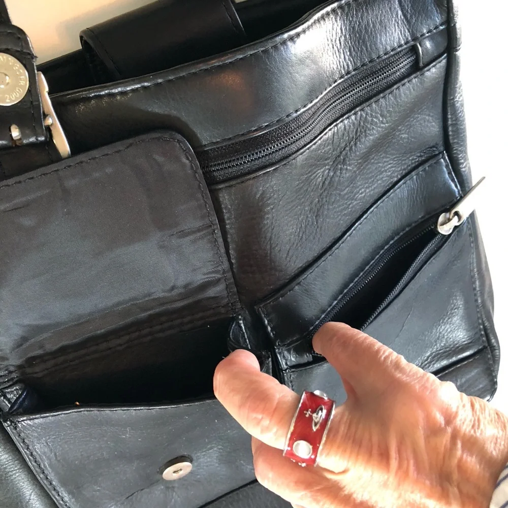 Black Leather Crossbody Bag with Multiple Pockets
